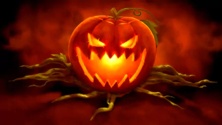 A glowing jack-o'-lantern with a menacing face illuminated by candlelight, set against a dark, smoky background for a Halloween-themed HD PC desktop wallpaper.