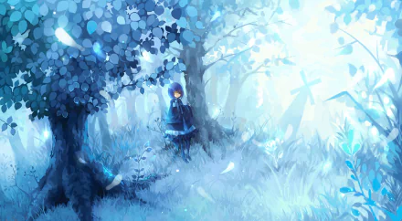 HD anime desktop wallpaper featuring a serene, blue-toned forest scene with a solitary character standing quietly among glowing trees and soft light.
