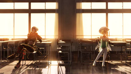 .hack//G.U. anime HD desktop wallpaper: two characters seated at opposite desks in a sunlit classroom, warm backlight streaming through tall windows and casting long shadows across the floor.