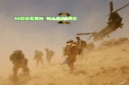 A dynamic HD wallpaper featuring scenes from Call of Duty: Modern Warfare 2, showcasing soldiers in a dusty environment with a helicopter in the background.