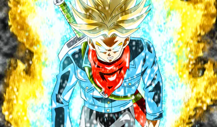 HD wallpaper featuring Trunks from Dragon Ball Super in Super Saiyan Rage form, surrounded by fiery energy, from the popular anime series Dragon Ball.