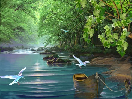 HD desktop wallpaper featuring an artistic drawing by Manoj Kushwah and Piyush Mahjan. The serene scene depicts a tranquil forest river with a small boat and birds.