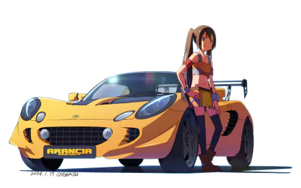 HD anime-style original desktop wallpaper featuring a confident female character leaning against a sleek yellow sports car with the license plate ARANCIA.
