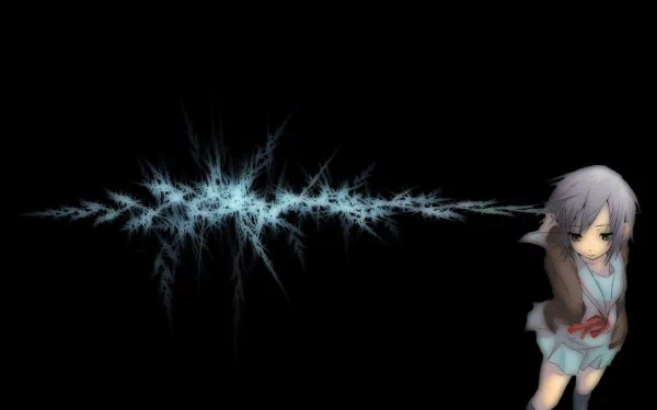 HD wallpaper featuring Yuki Nagato from the anime The Melancholy of Haruhi Suzumiya, set against a dark background with striking blue abstract designs.