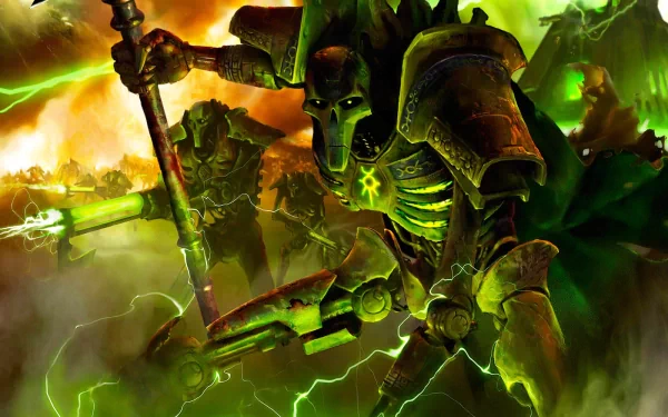 A dynamic HD PC desktop wallpaper featuring Warhammer's skeletal warriors amidst a dramatic green and orange backdrop, evoking the intensity of a fierce battle.