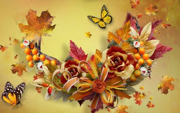 Artistic Fall Flower Butterfly Leaf HD Wallpaper | Background Image