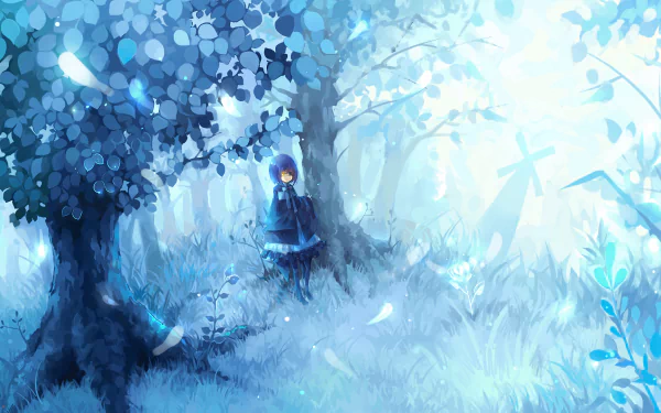 HD anime desktop wallpaper featuring a serene, blue-toned forest scene with a solitary character standing quietly among glowing trees and soft light.