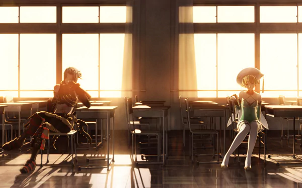 .hack//G.U. anime HD desktop wallpaper: two characters seated at opposite desks in a sunlit classroom, warm backlight streaming through tall windows and casting long shadows across the floor.