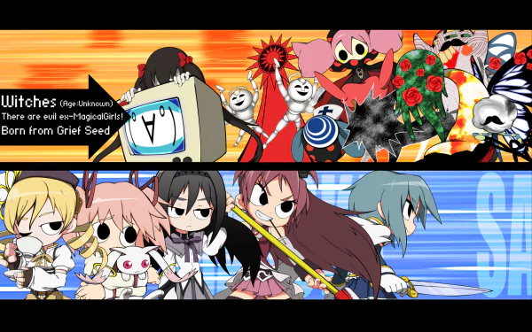 Puella Magi Madoka Magica Scott Pilgrim vs. the World Kyuubey (Puella Magi Madoka Magica) Charlotte (Puella Magi Madoka Magica) Kyōko Sakura Sayaka Miki Mami Tomoe Homura Akemi Madoka Kaname Anime crossover HD Desktop Wallpaper | Background Image
