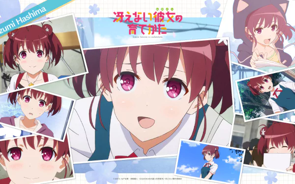 HD PC desktop wallpaper featuring Izumi Hashima from the anime Saekano: How to Raise a Boring Girlfriend, showcasing various expressive poses and scenes.