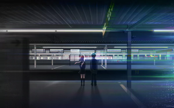 A visually striking anime scene set in a dimly lit train station, featuring two characters standing together, surrounded by an atmospheric blend of light and shadows. HD wallpaper quality.