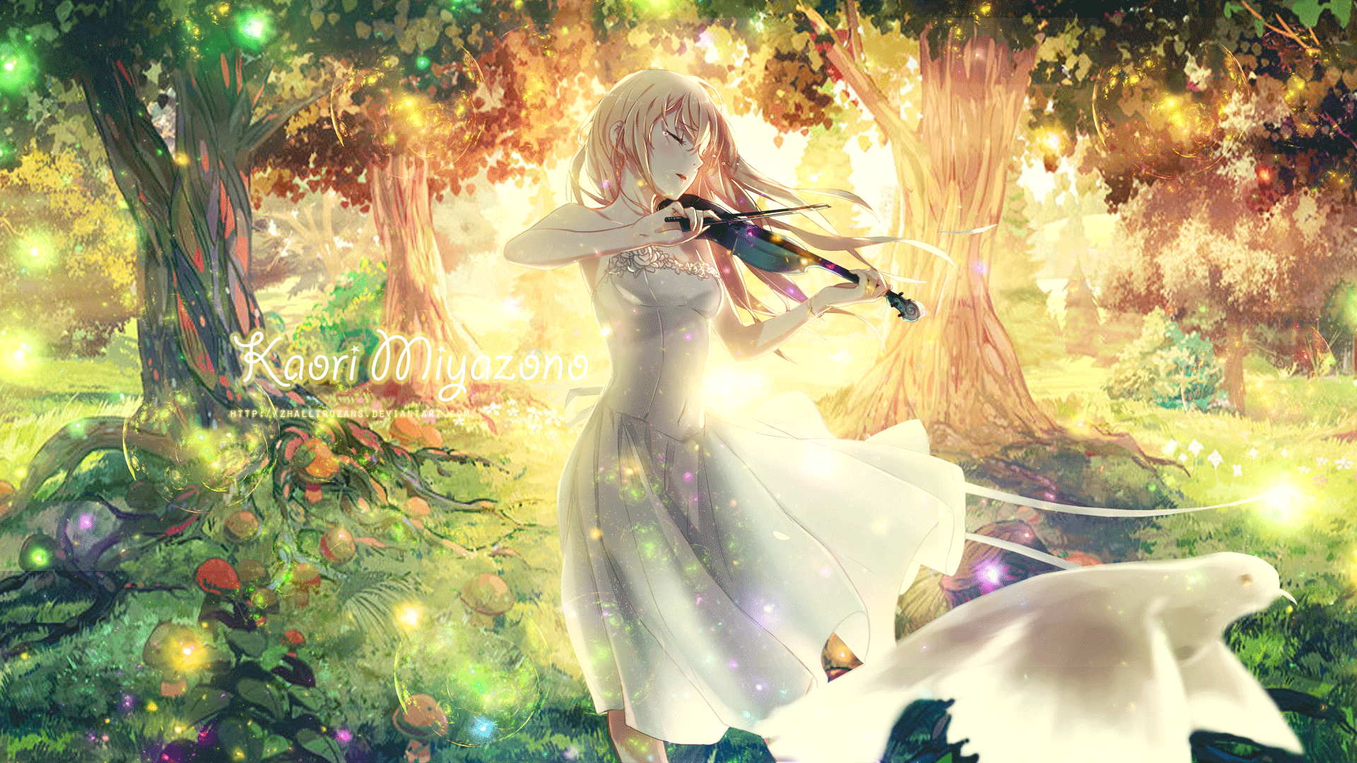 Download 1920x1080 Miyazono Kaori, Shigatsu Wa Kimi No Uso, Smiling,  Feathers, Blonde, Scenic, Stars, Sky Wallpapers for Wid…