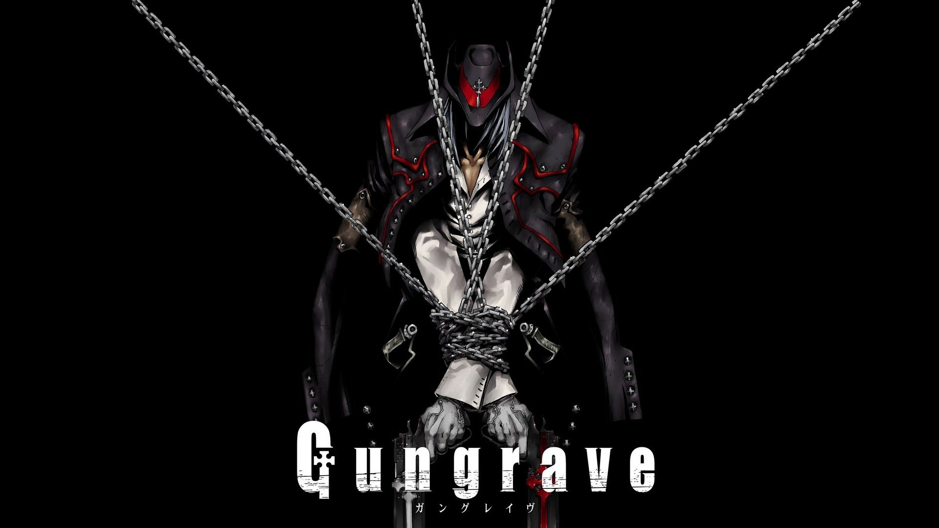 HD PC desktop wallpaper featuring an anime character from Gungrave, depicted in dark tones with chains and a striking red-accented mask.