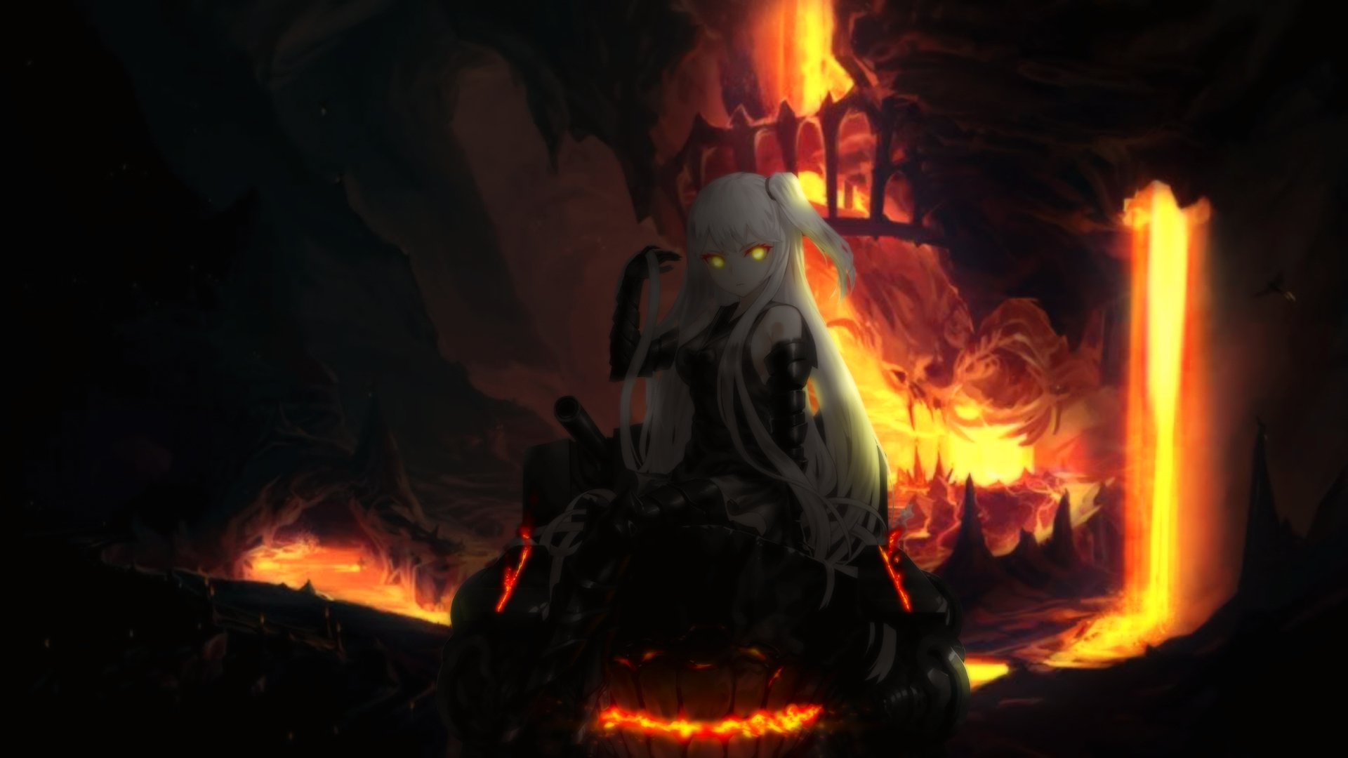 A dark and dramatic HD wallpaper featuring the Aircraft Carrier Demon from Kancolle, set against a fiery, molten background, creating a striking anime atmosphere.