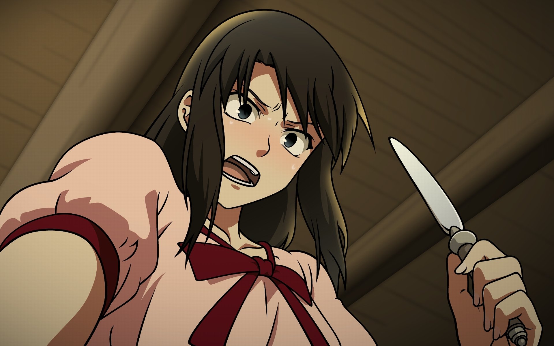 Low-angle anime HD desktop wallpaper of Azaka Kokutou from The Garden of Sinners, angrily brandishing a knife with a tense expression.