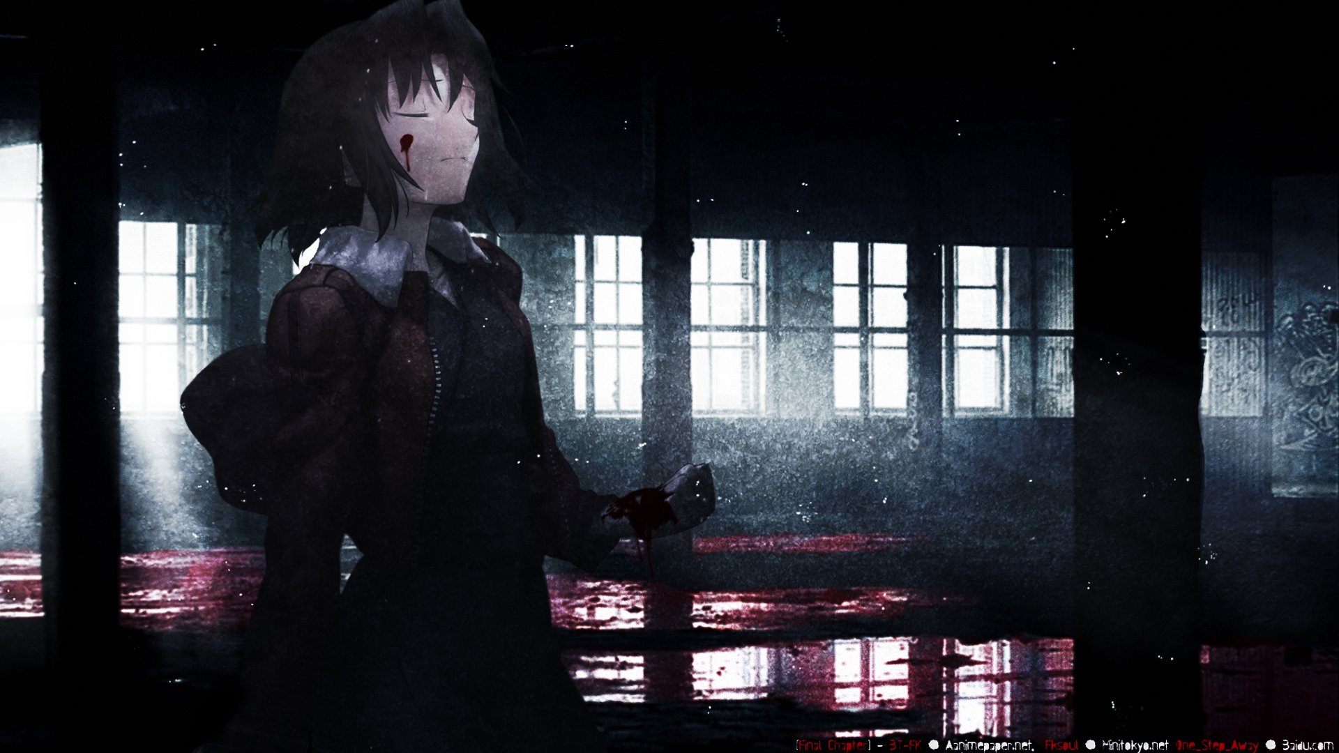 Anime HD PC desktop wallpaper: a solitary character from The Garden of Sinners stands in a dark, rain-slicked hall, pale window light and blood-red reflections on the floor.