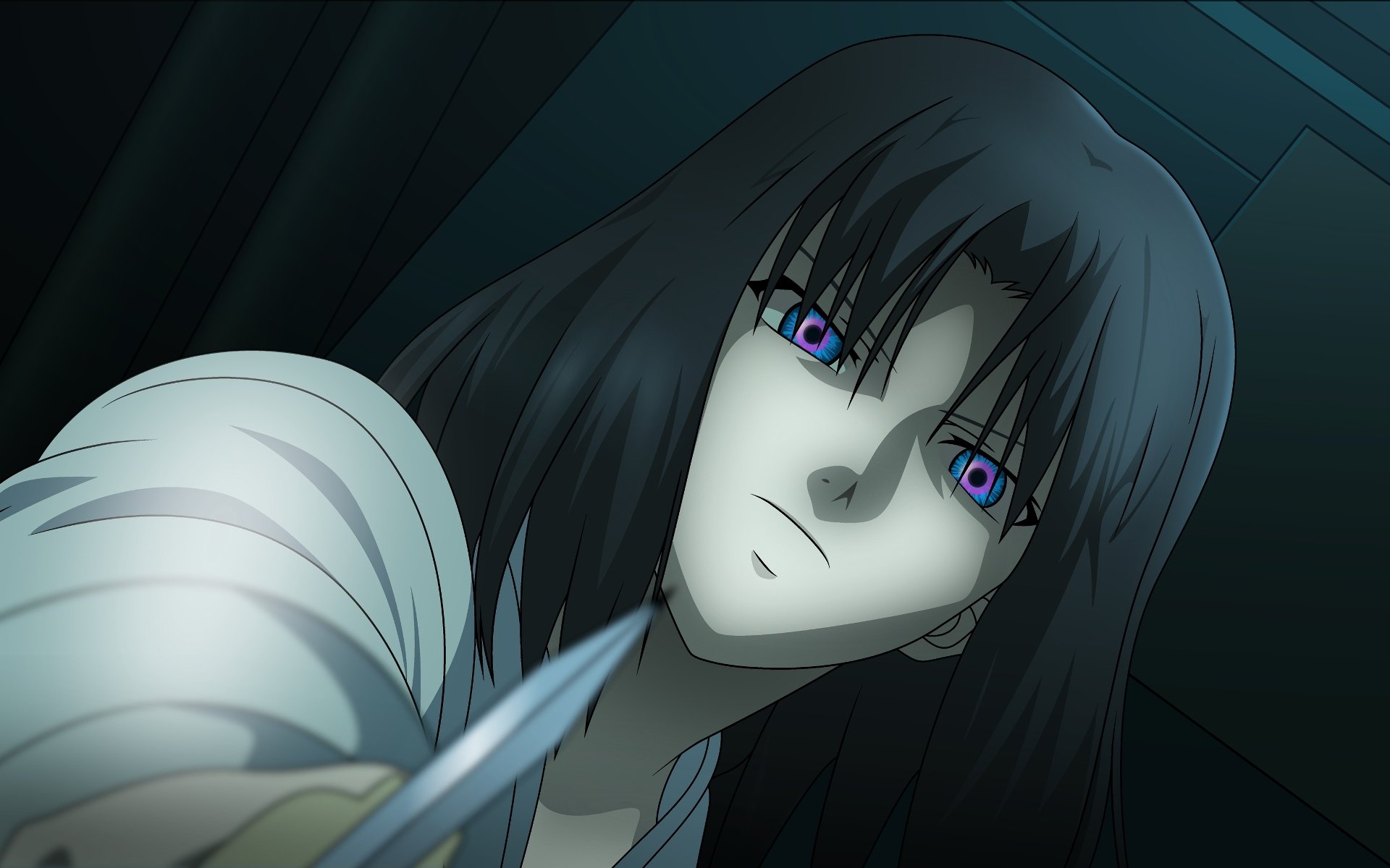 HD PC desktop wallpaper featuring an intense anime character from The Garden of Sinners with dark hair and striking purple eyes in a dramatic close-up scene.