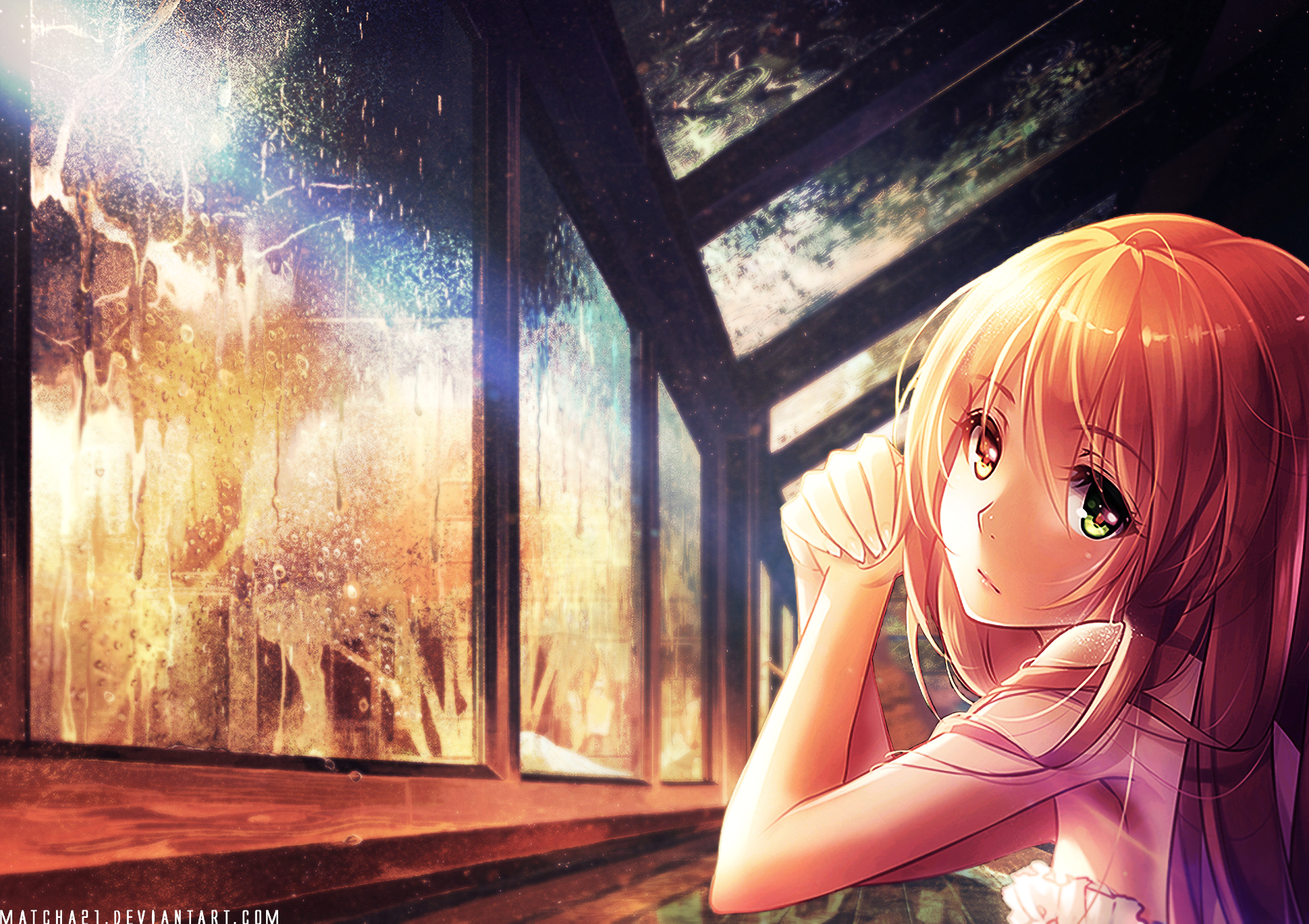 A serene anime scene featuring a girl gazing through a rain-splattered window, showcasing vibrant colors and intricate details. This original artwork serves as an HD desktop wallpaper.