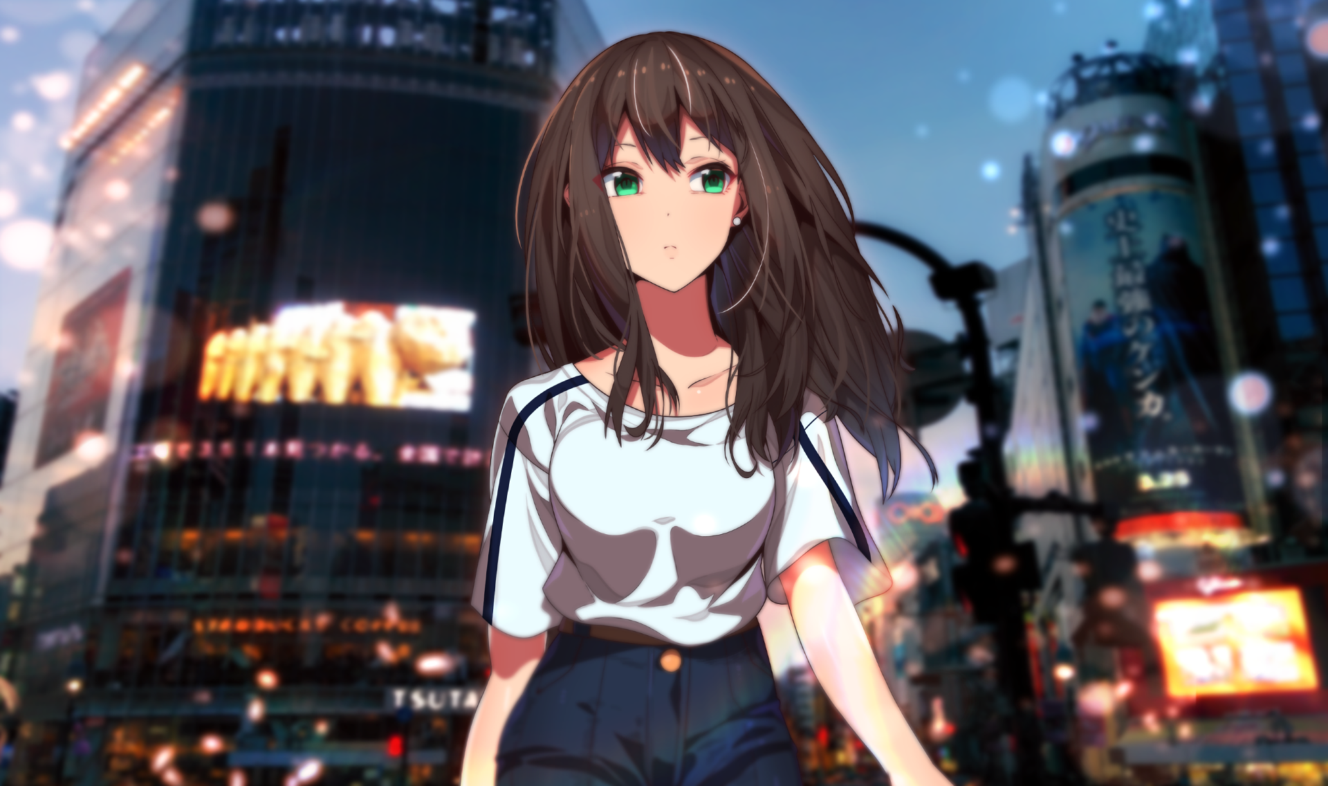 HD anime desktop wallpaper featuring a character from The iDOLM@STER Cinderella Girls standing in a vibrant cityscape at dusk.
