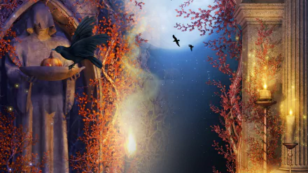 A gothic Halloween scene featuring a raven, a glowing candle, and a pumpkin surrounded by vibrant autumn leaves, set against a mystical background with soft lighting.