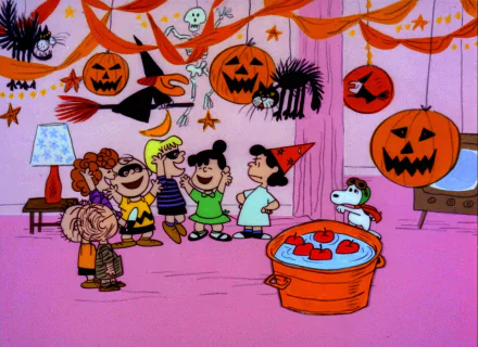 A vibrant scene from *It's the Great Pumpkin, Charlie Brown*, featuring Charlie Brown and friends celebrating Halloween with decorations, pumpkins, and fun antics in a festive setting.