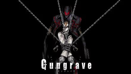 HD PC desktop wallpaper featuring an anime character from Gungrave, depicted in dark tones with chains and a striking red-accented mask.