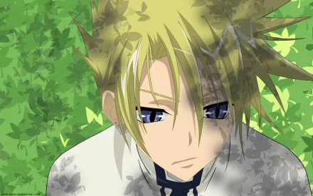 HD PC desktop wallpaper: anime 07 Ghost character — blond, spiky-haired young man with blue eyes and a solemn expression set against a sunlit green leafy background.