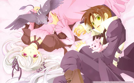 Anime HD PC desktop wallpaper featuring characters from 07 Ghost with a light pink background, highlighting a girl with long white hair and a boy with brown hair.