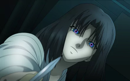 HD PC desktop wallpaper featuring an intense anime character from The Garden of Sinners with dark hair and striking purple eyes in a dramatic close-up scene.