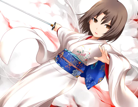 Anime-style HD PC desktop wallpaper featuring a character from The Garden of Sinners in a white kimono with a blue obi, holding a sword against a soft pink background.
