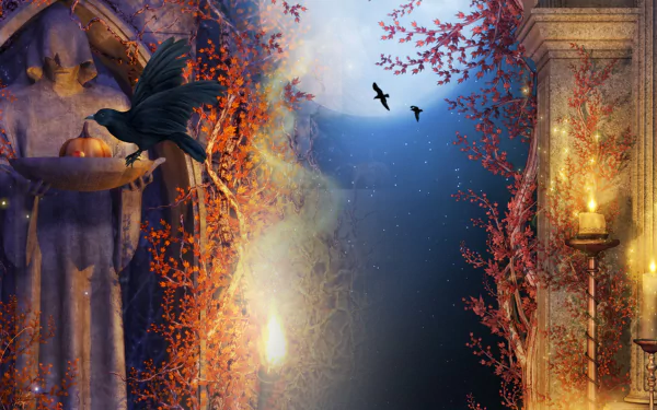 A gothic Halloween scene featuring a raven, a glowing candle, and a pumpkin surrounded by vibrant autumn leaves, set against a mystical background with soft lighting.