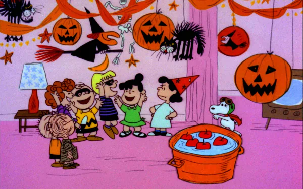 A vibrant scene from *It's the Great Pumpkin, Charlie Brown*, featuring Charlie Brown and friends celebrating Halloween with decorations, pumpkins, and fun antics in a festive setting.