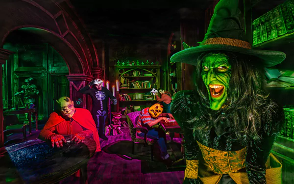 A vivid 4K Ultra HD Halloween horror scene featuring a green-faced witch and classic trick-or-treat characters in a spooky, eerie holiday setting.