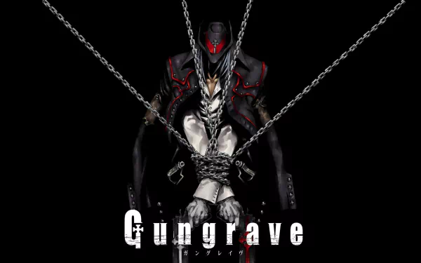 HD PC desktop wallpaper featuring an anime character from Gungrave, depicted in dark tones with chains and a striking red-accented mask.