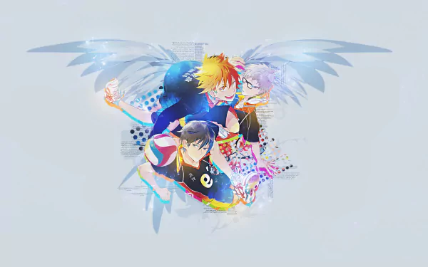HD PC desktop wallpaper featuring two dynamic characters from the anime Haikyū!! with vibrant colors and angelic wings in an energetic composition.