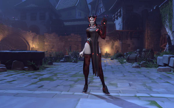 Symmetra from Overwatch in a Halloween-themed outfit, standing in a dark, eerie village setting, rendered as a 4K Ultra HD PC desktop wallpaper.