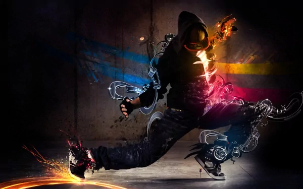 A dynamic HD desktop wallpaper featuring an artistic depiction of a dancer in mid-movement with vibrant light effects and colorful background elements.