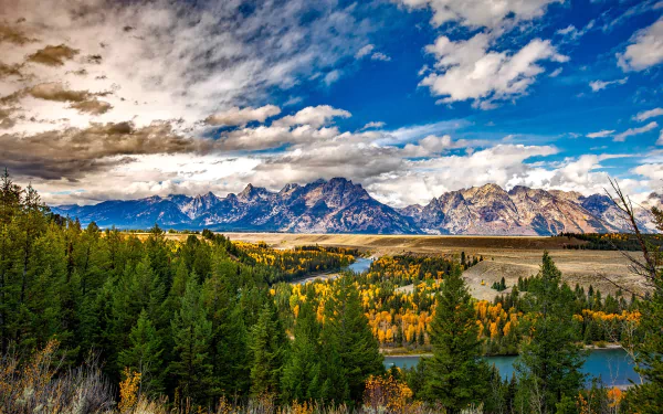 Vibrant fall landscape of Grand Teton National Park, Wyoming, featuring colorful trees, a winding river, forested foreground, and dramatic mountain peaks under a partly cloudy sky.