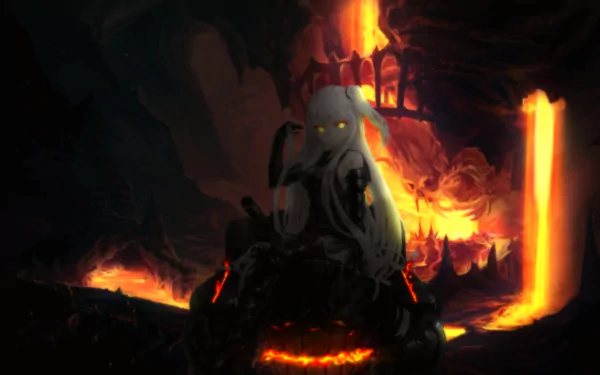 A dark and dramatic HD wallpaper featuring the Aircraft Carrier Demon from Kancolle, set against a fiery, molten background, creating a striking anime atmosphere.