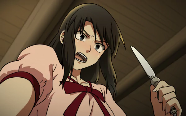 Low-angle anime HD desktop wallpaper of Azaka Kokutou from The Garden of Sinners, angrily brandishing a knife with a tense expression.