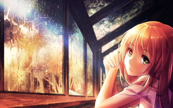 A serene anime scene featuring a girl gazing through a rain-splattered window, showcasing vibrant colors and intricate details. This original artwork serves as an HD desktop wallpaper.
