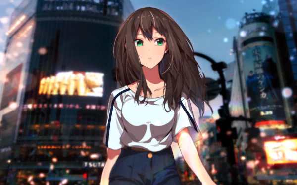 HD anime desktop wallpaper featuring a character from The iDOLM@STER Cinderella Girls standing in a vibrant cityscape at dusk.