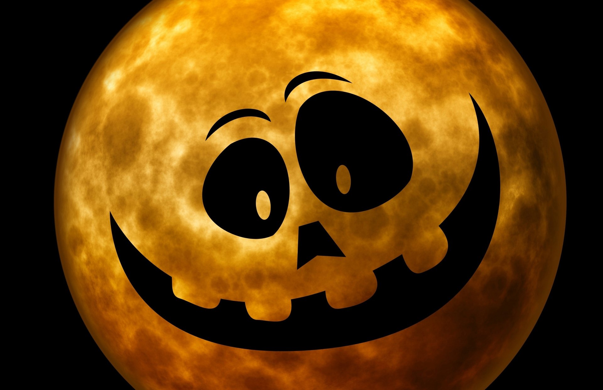 2K Quad HD PC desktop wallpaper: glowing full moon transformed into a jack-o'-lantern face, Halloween holiday motif.