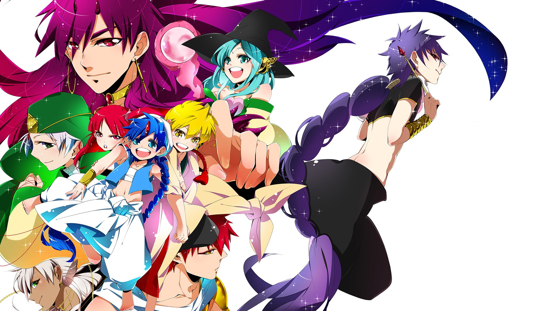 HD PC desktop wallpaper featuring vibrant characters from the anime Magi: The Labyrinth of Magic in dynamic poses with colorful, detailed artwork.