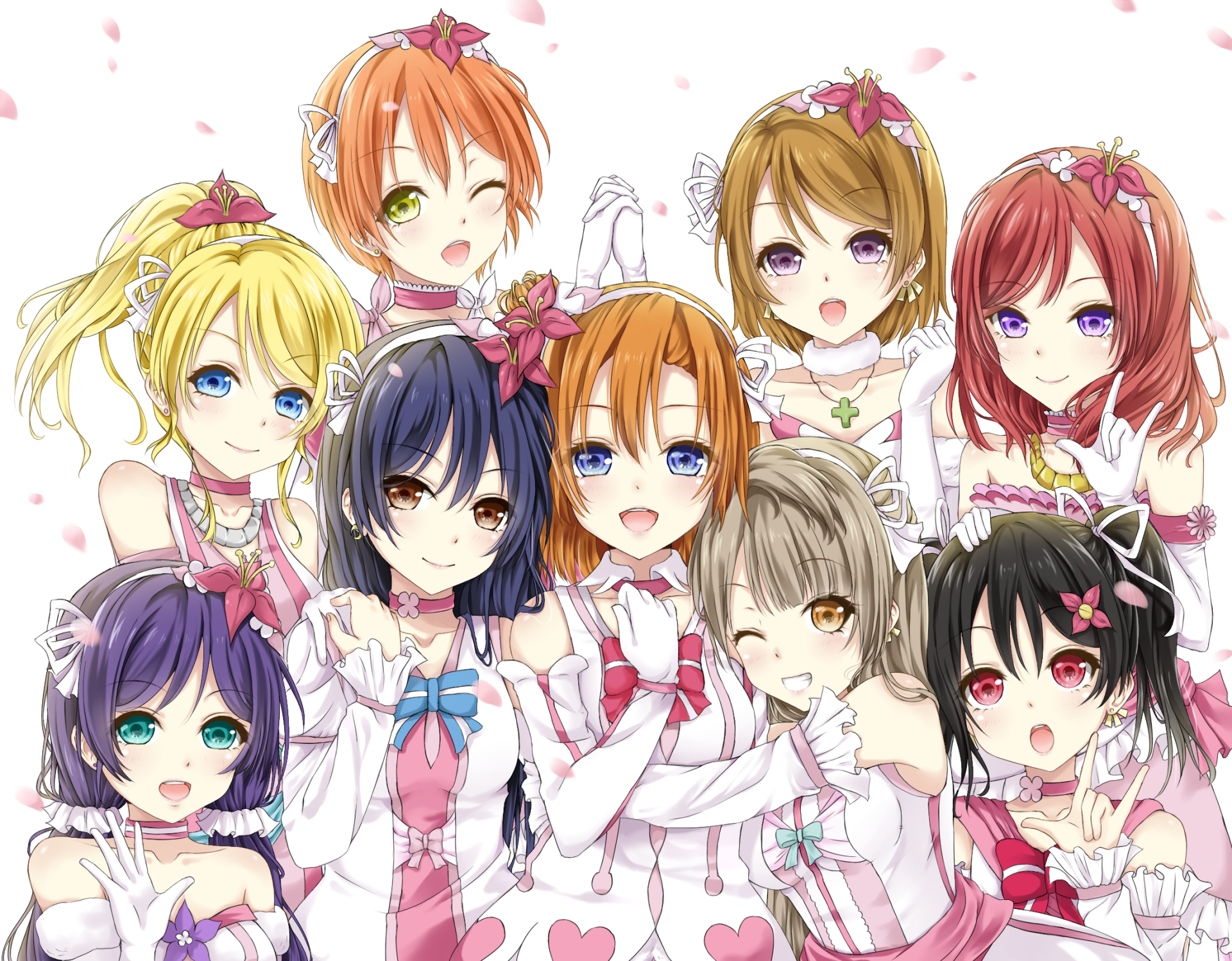 HD PC desktop wallpaper featuring the Love Live! anime characters Nico Yazawa, Eri Ayase, Nozomi Tojo, Hanayo Koizumi, Rin Hoshizora, Maki Nishikino, Kotori Minami, Umi Sonoda, and Honoka Kousaka.