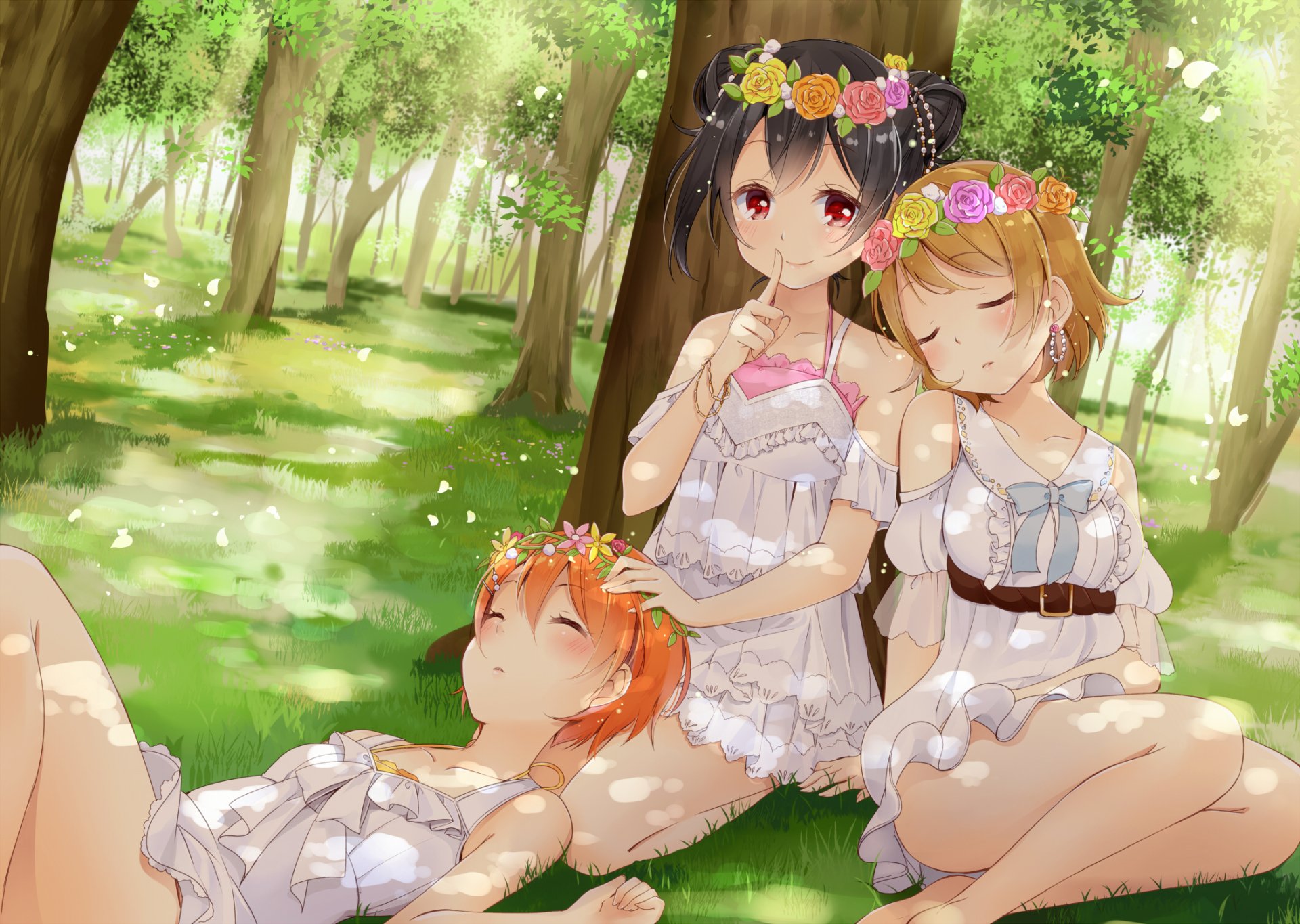 HD anime desktop wallpaper of Rin Hoshizora, Hanayo Koizumi, and Nico Yazawa from Love Live!, resting peacefully in a sunlit forest wearing flower crowns and white dresses.