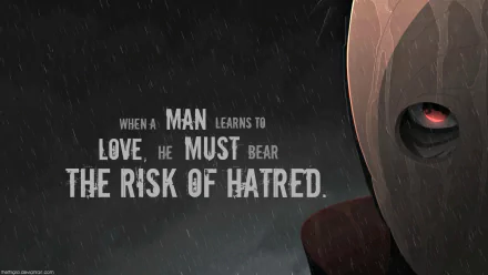 HD wallpaper featuring Obito Uchiha from the anime Naruto, with a powerful quote about love and hatred set against a dramatic background.