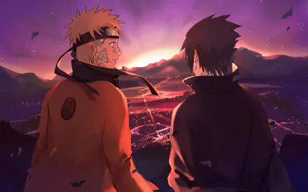Sasuke Uchiha and Naruto Uzumaki stand together against a stunning sunset backdrop, capturing the essence of their bond in this vibrant Naruto-themed HD wallpaper.