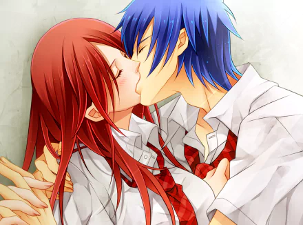A vibrant HD wallpaper featuring Jellal Fernandes and Erza Scarlet from the anime Fairy Tail, capturing an intimate moment between the two characters.