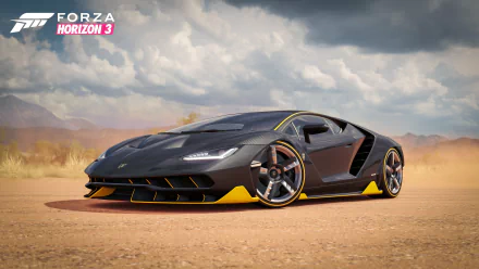 A glamorous Lamborghini Centenario showcased in a stunning 4K Ultra HD wallpaper, set against a desert backdrop, featuring the branding of Forza Horizon 3.